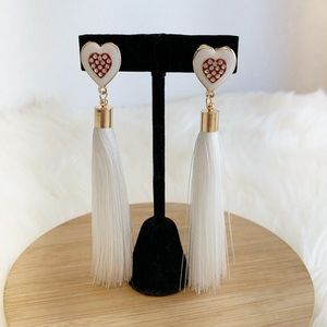 NWT White Heart Tassel Earrings – Rhinestone Red Heart Center